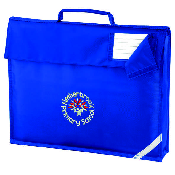 Blue book bag with logo embroidered to one side