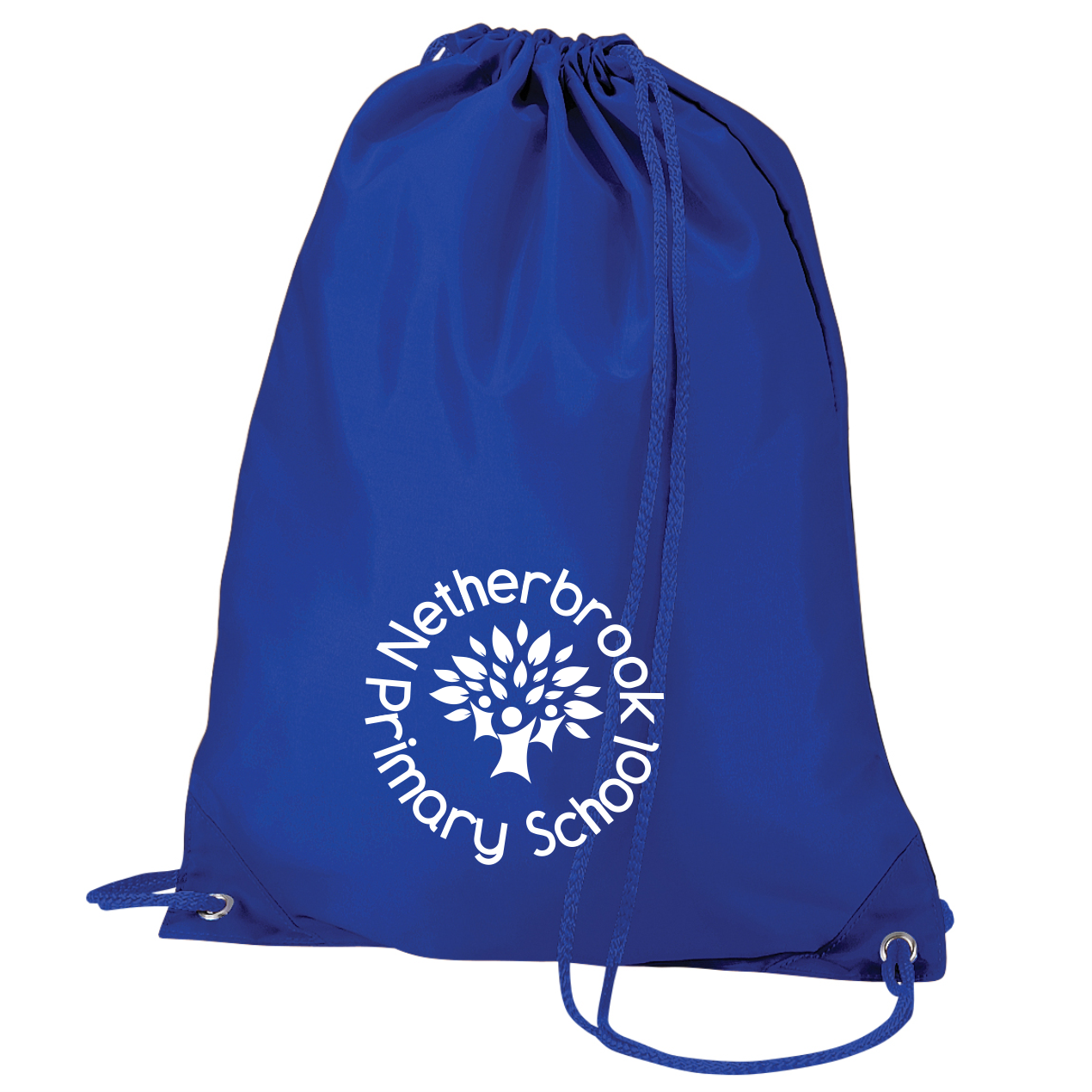 Drawstring bag in blue with School logo printed to one side in White