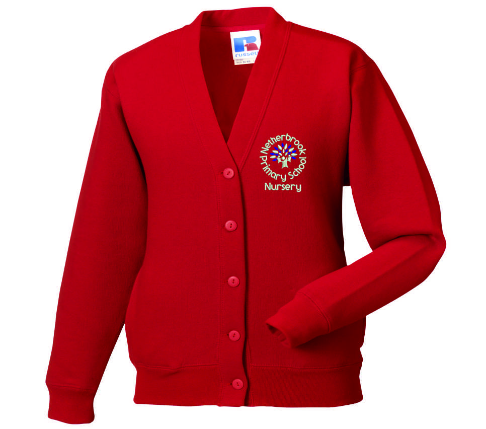 Childs Red Cardigan embroidered with Nursery logo