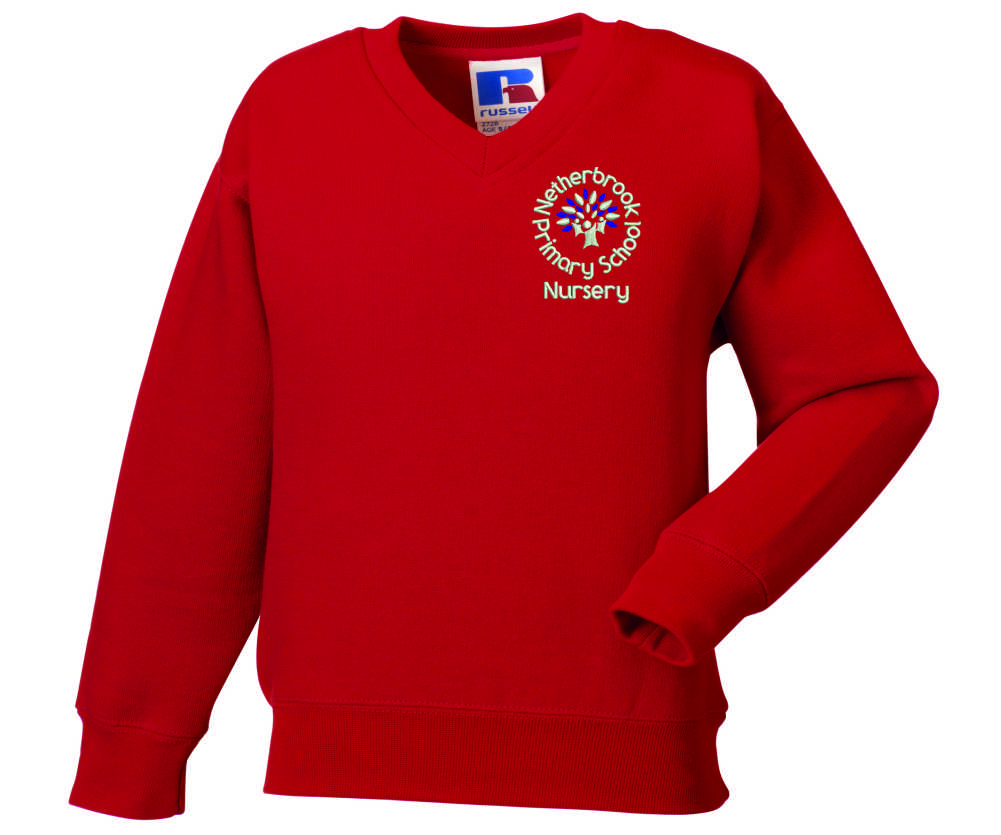 Childs Red V Neck Sweatshirt embroidered with Nursery logo