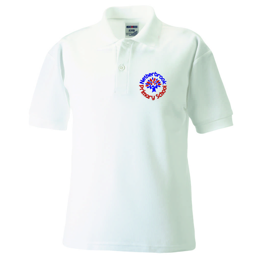 White polycotton Childs Poloshirt embroidered with School logo